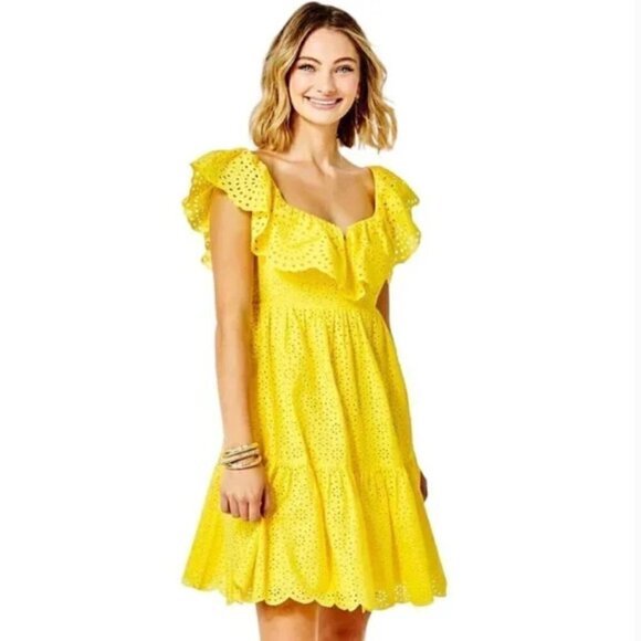 New! Lilly Pulitzer Asteria Eyelet Babydoll Dress in Resort Yellow‎ - Picture 1 of 11